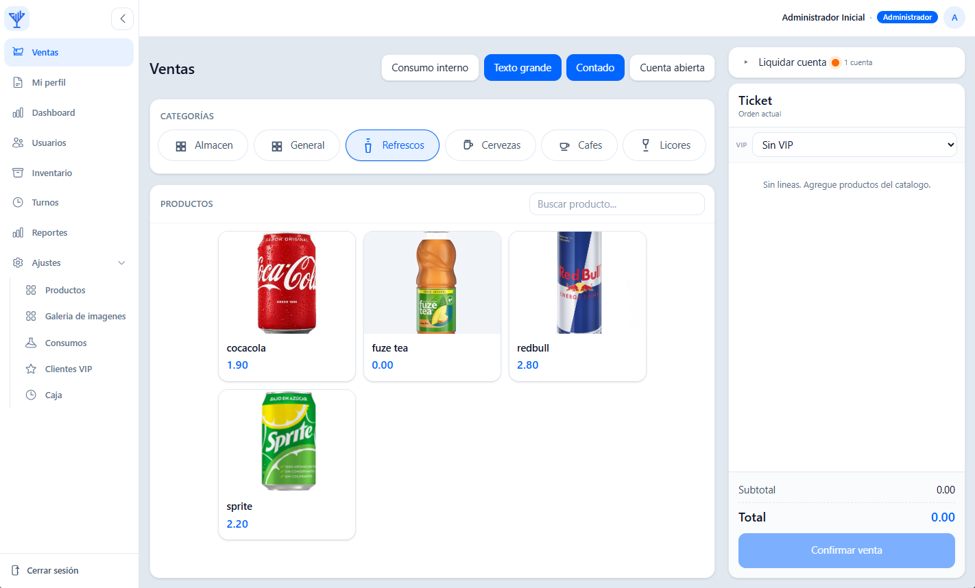 Interfaz del sistema POS con catálogo por categoría y carro de ventas